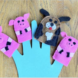 Three Pittle Piglets Finger Puppets Set 4 pcs rustic wolf pigs felt home theater