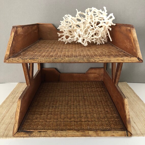 Vintage Bamboo Desk Organizer In Box Rattan Desk Decor Etsy