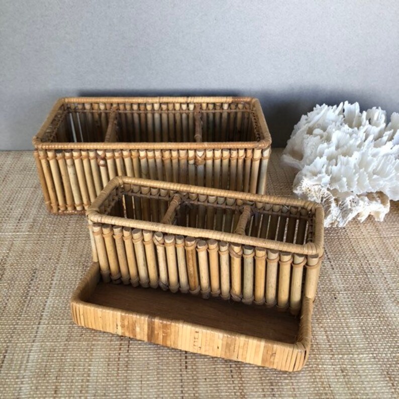 Vintage Bamboo Desk Organizer Rattan Decor Accessory Retro Home Office Pencil Holder Remote Control