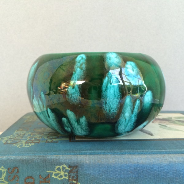 Vintage green and turquoise handmade glazed bowl flowerpot desk organizer paperclip holder