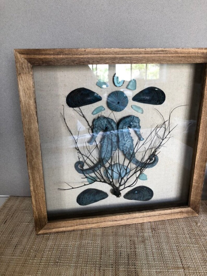 Seahorse Art Original Coastal Wall Seashell Beach Decor Blue