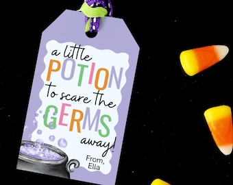 Printable Halloween Potion Tag: Scare the Germs Away, Digital Favor Tag Canva Template