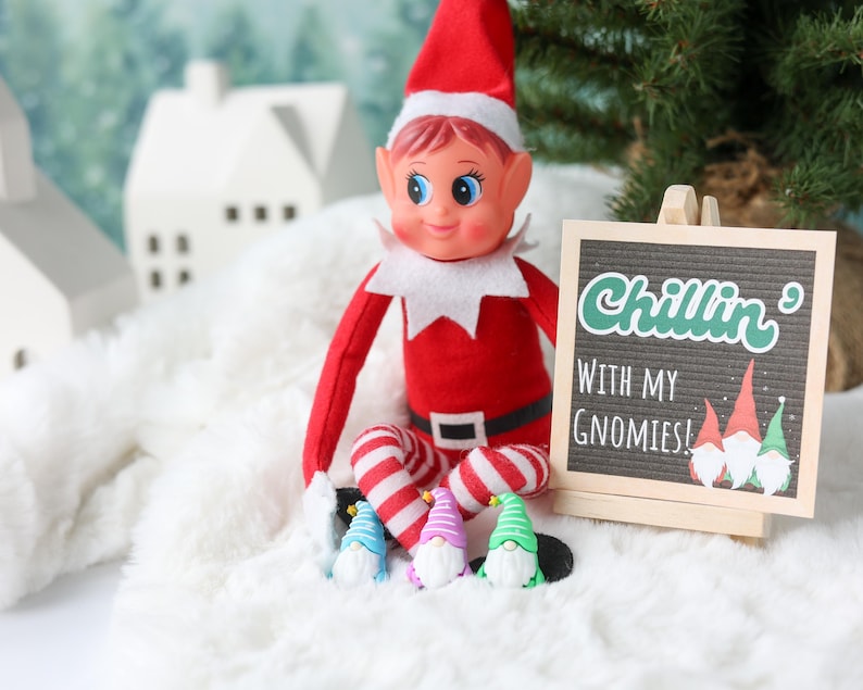 May include: A red and white elf doll with a pointed hat and striped leggings sits next to a small wooden easel sign that reads Chillin' with my Gnomies! in green and white text. Three tiny colorful gnome figurines in blue, purple, and green sit below.