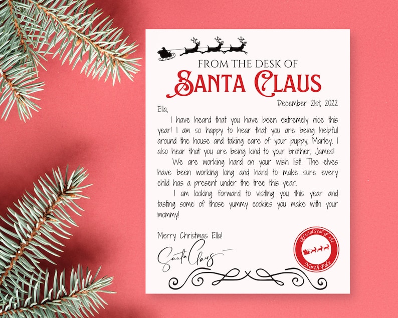 May include: A letter from Santa Claus on cream-colored paper with a red border, featuring a handwritten message and Santa's signature. The letter is dated December 21st, 2022, and includes a North Pole seal. Evergreen branches frame the letter.