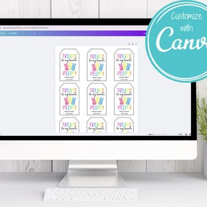Puede incluir: Una pantalla de ordenador que muestra una plantilla de dise&ntilde;o de Canva para etiquetas de regalo imprimibles. Las etiquetas presentan una imagen de dibujos animados de un Peep de malvavisco y el texto "Treats for my favorite Peep!"