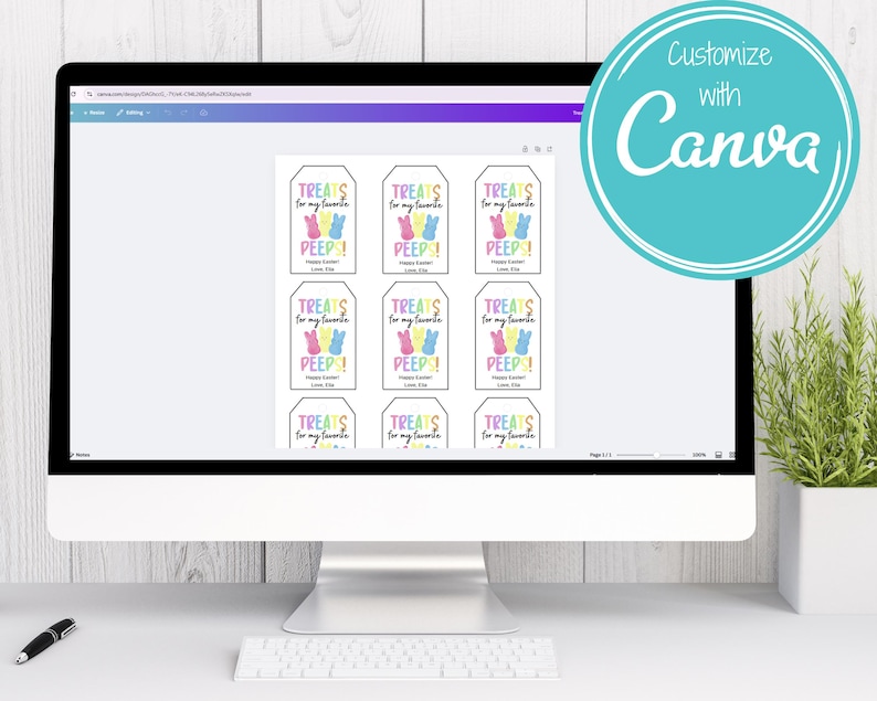 Puede incluir: Una pantalla de ordenador que muestra una plantilla de dise&ntilde;o de Canva para etiquetas de regalo imprimibles. Las etiquetas presentan una imagen de dibujos animados de un Peep de malvavisco y el texto "Treats for my favorite Peep!"