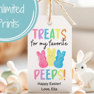 Puede incluir: Una etiqueta de regalo de Pascua imprimible con tres Peeps de color pastel y el texto "Treats for my favorite Peeps! Happy Easter! Love, Ella".