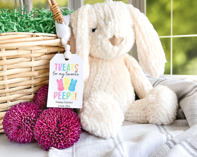 Puede incluir: Un conejito de peluche blanco se sienta en una manta a rayas junto a una cesta de mimbre llena de hierba verde. Una etiqueta de regalo con el texto "Treats for my favorite peeps! Happy Easter! Love, Ella" est&aacute; unida a la cesta.