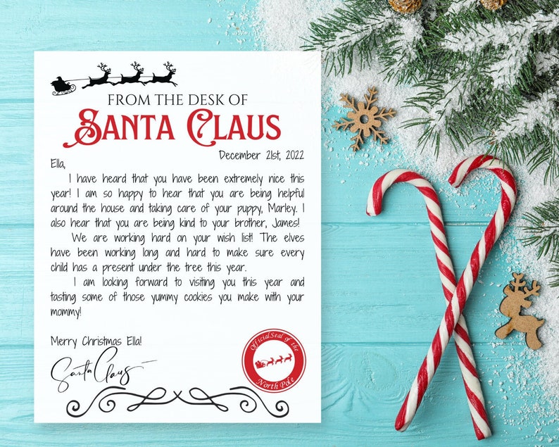 May include: A Christmas-themed image featuring a letter from Santa Claus, dated December 21st, 2022, with a personalized message. Two red and white candy canes and festive decorations are also visible.