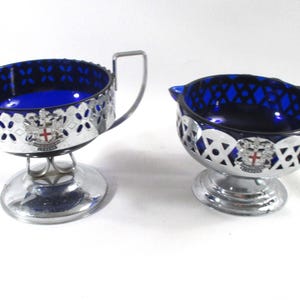 Rare London Coat of Arms Cream & Sugar Set in White Metal and Cobalt Glass Vintage Collectible Serving Set