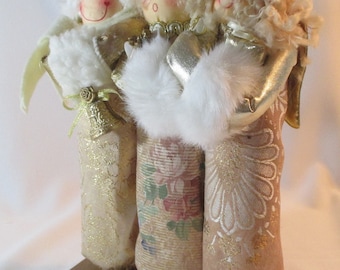 Vintage 3 Caroling Angel Dolls Brocade Fabric Figurine ~ Unique Christmas Decor