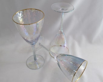 Set of 3 Textured Iridescent Hammered Optic Glass Wine Glasses or Goblets w/Gold Rims ~ 9" Tall