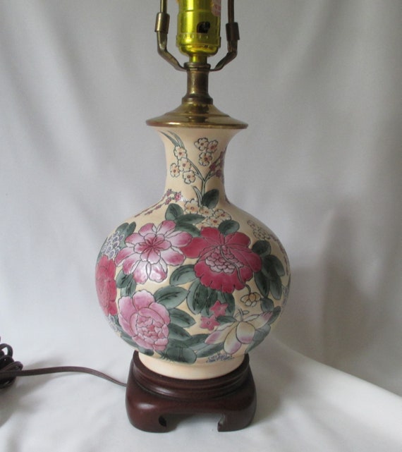 Vintage Chinese Vase Table Lamp Wood Stand Flowers In Etsy