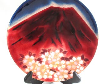 Vintage ANDO Glass on Copper CLOISONNE 7" Plate with Stylized Mt FUJI and Cherry Design