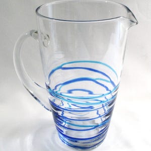 Large Vintage Hand Blown Clear Glass Pitcher w/APPLIED COBALT and AQUA Blue Swirl Design