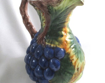 9.5" Vintage Hand Painted BASSANO ITALY Intricate MAJOLICA Ceramic Grape Vine Pitcher