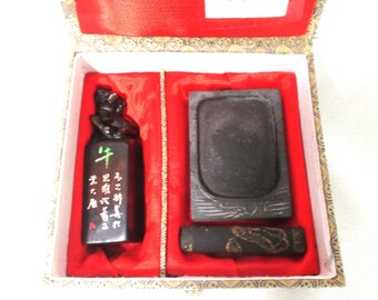 Vintage ASIAN OXEN SEAL Kit ~ Stone Well, Ink Stick & Seal in Brocade Case