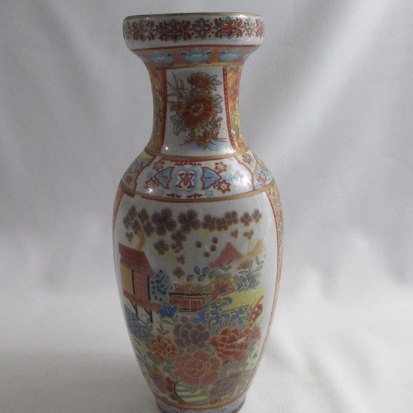 Vintage Heavily Gilt-Accented Intricately Patterned Paneled Design Ceramic Chinese Famille Rose Vase