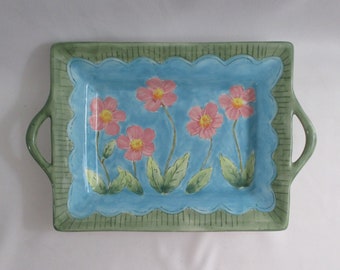 Large Vintage Hand Painted Ceramic Platter w/Handles & Unique Floral Pattern