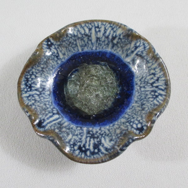 Rare Vintage Tiny Studio Art Pottery Ruffle Rim Salt Celler / Ring / Tea Bag Dish w/Fused Crackle Glass Center