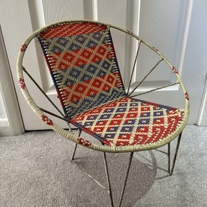 Mid Century Modern Vintage Plastic Metal Woven Kids Child Hoop Chair Patio Deck