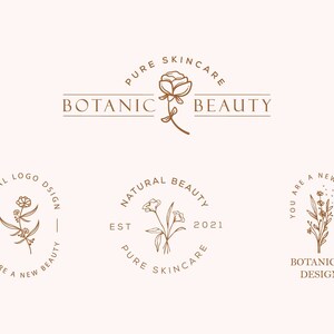 May include: Three different logo designs featuring floral illustrations and the text "Pure Skincare", "Natural Beauty", and "Botanical Design".