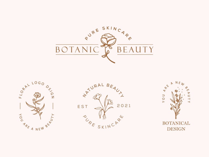 May include: Three different logo designs featuring floral illustrations and the text "Pure Skincare", "Natural Beauty", and "Botanical Design".