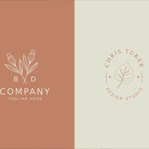May include: A logo design featuring a stylized floral motif with the letters "B" and "D" intertwined, the text "COMPANY" and the tagline "TAGLINE HERE". The logo is on a brown background. The second logo features a stylized leaf with the text "CHRIS TUKER DESIGN STUDIO" in a circle on a light beige background.