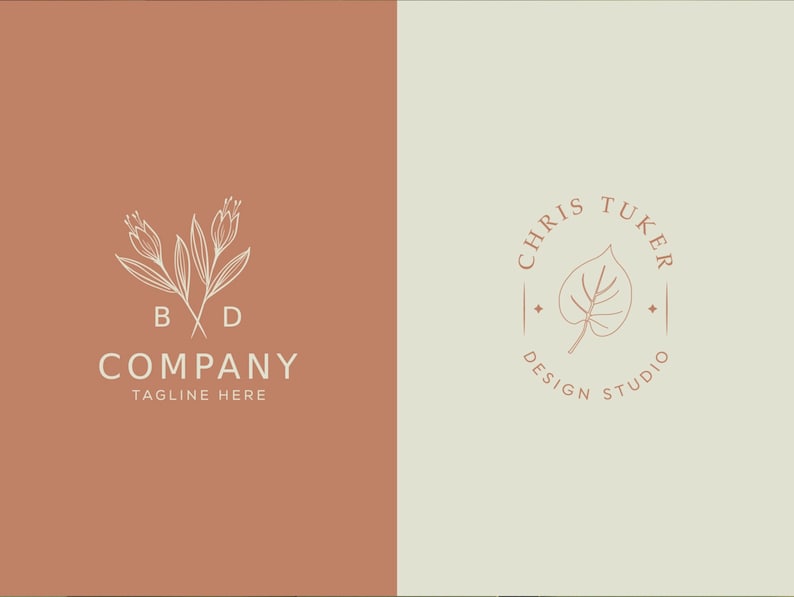 May include: A logo design featuring a stylized floral motif with the letters "B" and "D" intertwined, the text "COMPANY" and the tagline "TAGLINE HERE". The logo is on a brown background. The second logo features a stylized leaf with the text "CHRIS TUKER DESIGN STUDIO" in a circle on a light beige background.