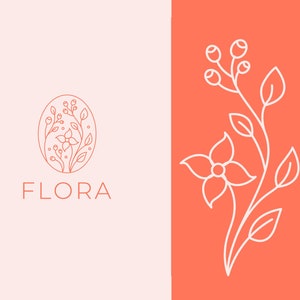 May include: A minimalist line art logo design featuring a stylized floral motif. The logo is in a circle with the word "FLORA" below it. The right side of the image shows a similar floral design in a more detailed style.