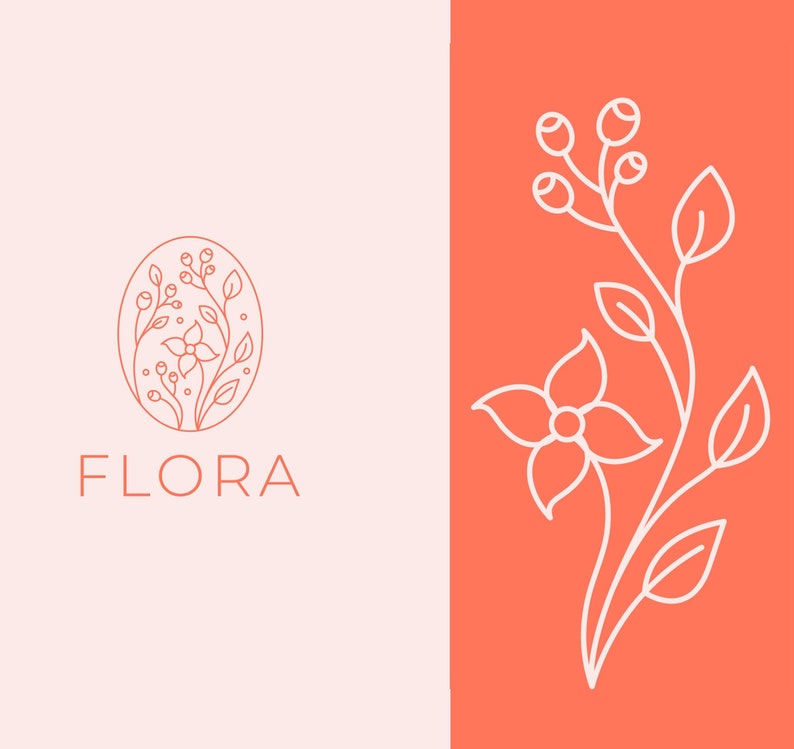May include: A minimalist line art logo design featuring a stylized floral motif. The logo is in a circle with the word "FLORA" below it. The right side of the image shows a similar floral design in a more detailed style.