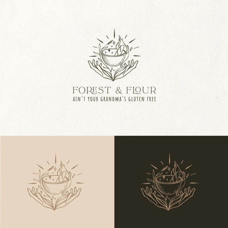 May include: A logo for a bakery called "Forest & Flour" with the tagline "Ain't your grandma's gluten free". The logo features a stylized illustration of a bowl with flames and stars, surrounded by leaves and held by two hands.