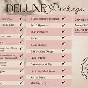 May include: A checklist of services included in a Deluxe Package for a logo design business. The checklist includes items such as logo concepts, email signature, thank you card, favicon, stickers, gift voucher design, logo pattern, dimensions of files, logo usage, sticker design, mail bag design, copyright agreement, money back guarantee, and stock images. The checklist is marked with checkmarks next to each item. The image also includes the business name "SIMPLY DIVINE DIGITAL" in a circle.