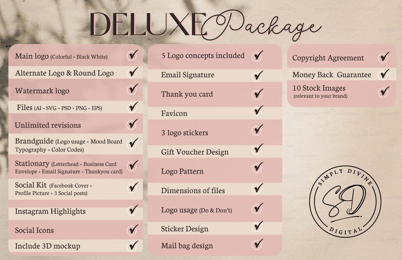 May include: A checklist of services included in a Deluxe Package for a logo design business. The checklist includes items such as logo concepts, email signature, thank you card, favicon, stickers, gift voucher design, logo pattern, dimensions of files, logo usage, sticker design, mail bag design, copyright agreement, money back guarantee, and stock images. The checklist is marked with checkmarks next to each item. The image also includes the business name "SIMPLY DIVINE DIGITAL" in a circle.