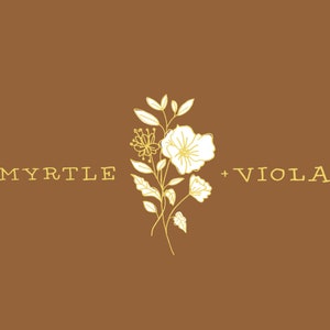 May include: A logo design with the text "MYRTLE + VIOLA" in a yellow font. The logo features a stylized illustration of a bouquet of flowers in yellow.