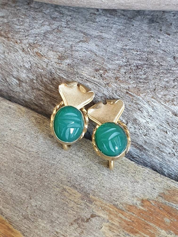 Vintage Scarab Beetle Earrings Green Agate - Etsy Australia