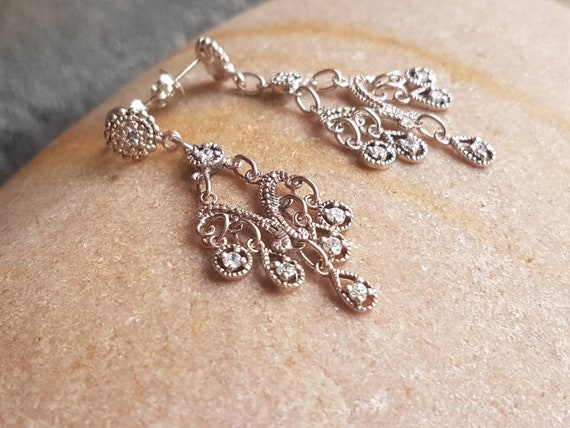 Vintage Chandelier Earrings , Sterling Silver CZ