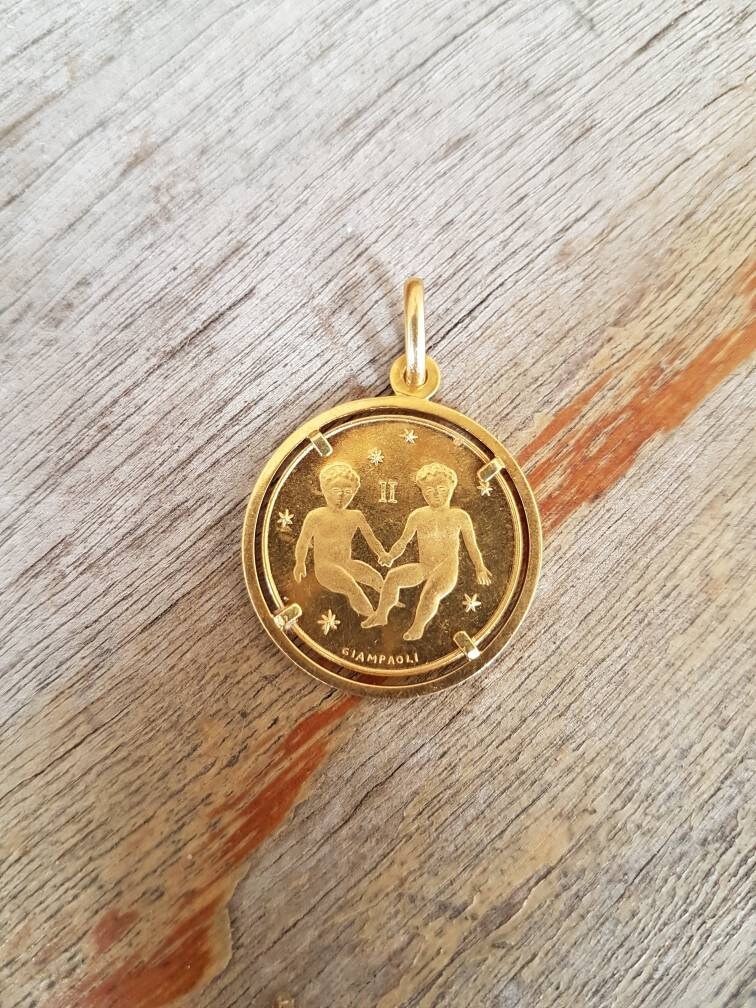 Giampaoli Zodiac Coin Pendant , Gemini Twins , 18ct Gold
