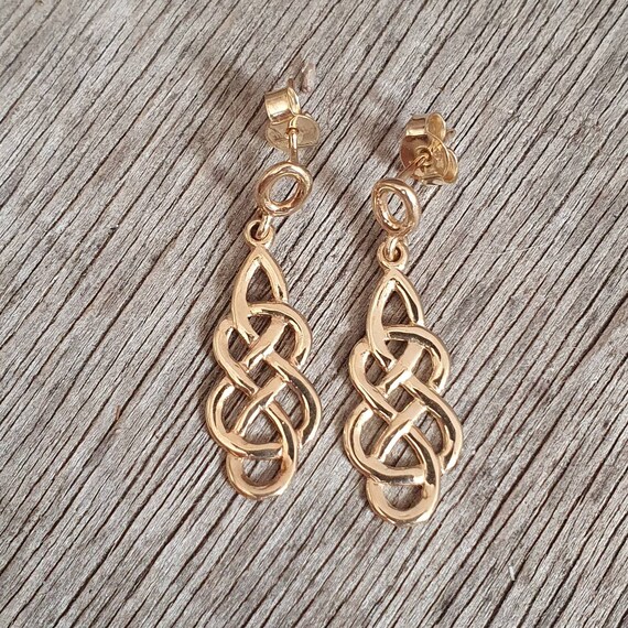 Vintage 9ct Gold Celtic Knot Dangle Earrings Gem