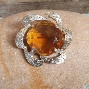 Vintage Citrine Glass Flower Brooch