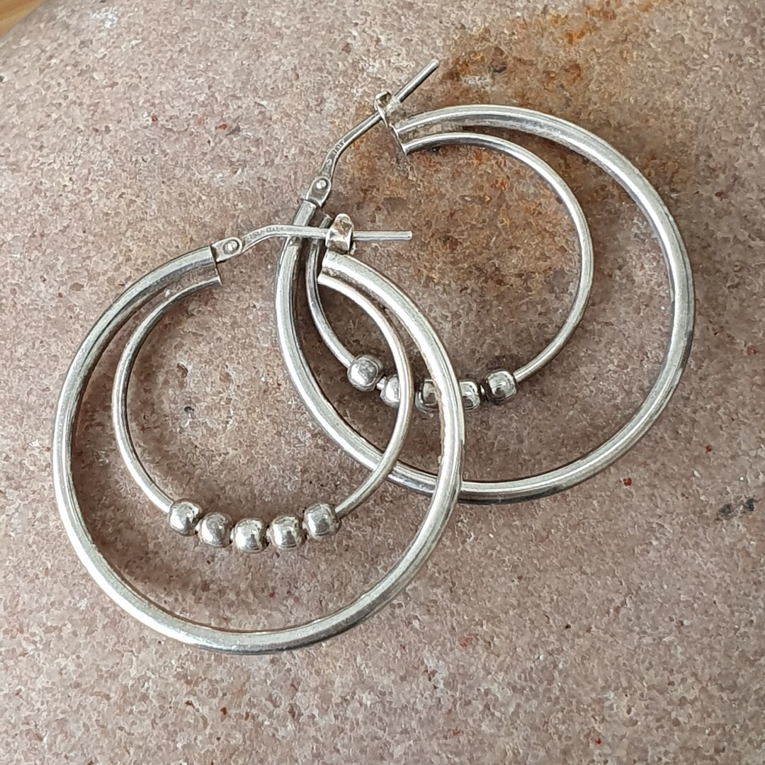 Vintage Stering Silver Hoop Earrings Double Hoop Ball Etsy