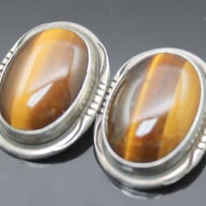 Vintage Tiger Eyes Oval Shape Sterling Silver Clip on Earrings