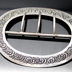 Hallmarked Vintage Embossed Gothic Swirls Patterned Edge Solid Sterling Silver Belt Buckle 2.5&quot; Belt