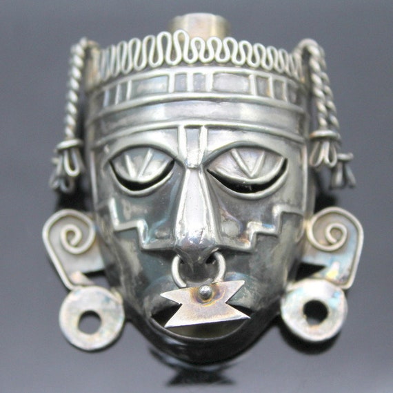 Signed SCF Mexico Sterling Silver Tribal Face Pend