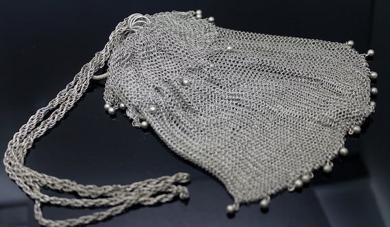 RARE EUROPEAN // 1900s Antique // Lady's Mesh Cosmetic Handbag / Coins Purse / Card Phone Holder Evening Purse Solid 800 Silver View 5
