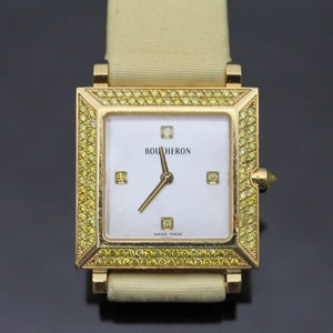 Authentic BOUCHERON AJ410452 Vintage Mother Of Pearl Yellow Diamonds Textured Silk Band Solid 18K Gold Watch 7"(original box not included)