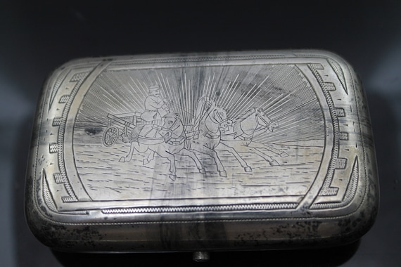 RARE! Vintage Cigarette Case V.a.petrov 900 Silver ''russian Trio of  Horses'' 1886