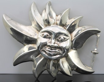 ギフトアイデア!! 印象的な手作りのモダニスト SUN ヘビーソリッドスターリングシルバーユニセックスベルトバックル // ベルト 1.5 インチ用