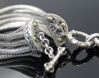 Gift Idea !!! Luxury Authentic SAMUEL BENHAM BJC 18K Gold Accent Sterling Silver 7 Strand Wheat Link Toggle Bracelet Unisex Size 7.5" - 8.5"