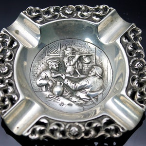 European Vintage // Embossed Scroll Flower Edge // Ornate // Tavern Musicians  // 800 Silver // Ashtray